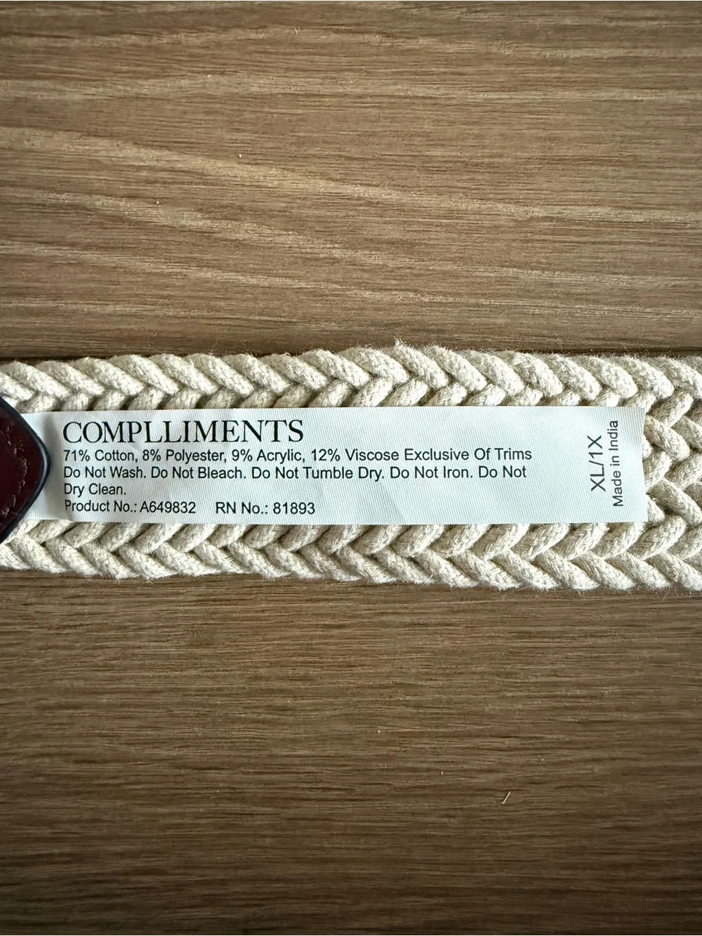 Women’s Woven Cotton Rope Belt with Brown Leather Accent - Cream - XL 44”